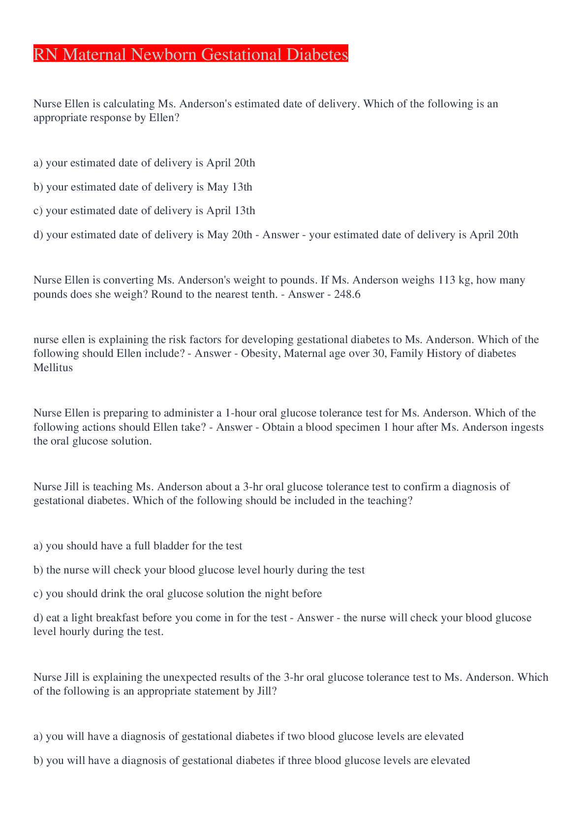 Preview of RN Maternal Newborn Gestational Diabetes Questions And Answers 2022/2023
